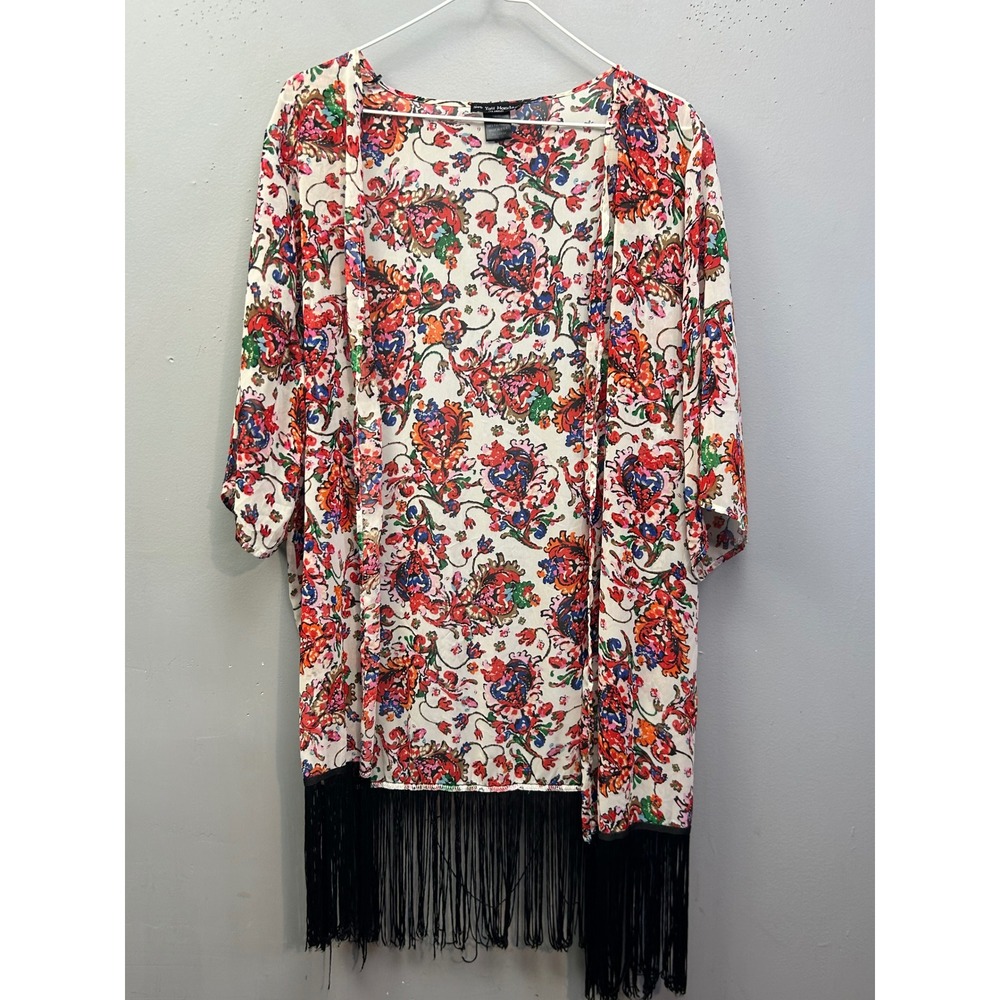 See You Monday Kimono Women Medium Multi Paisley Floral Fringe Open Cardigan